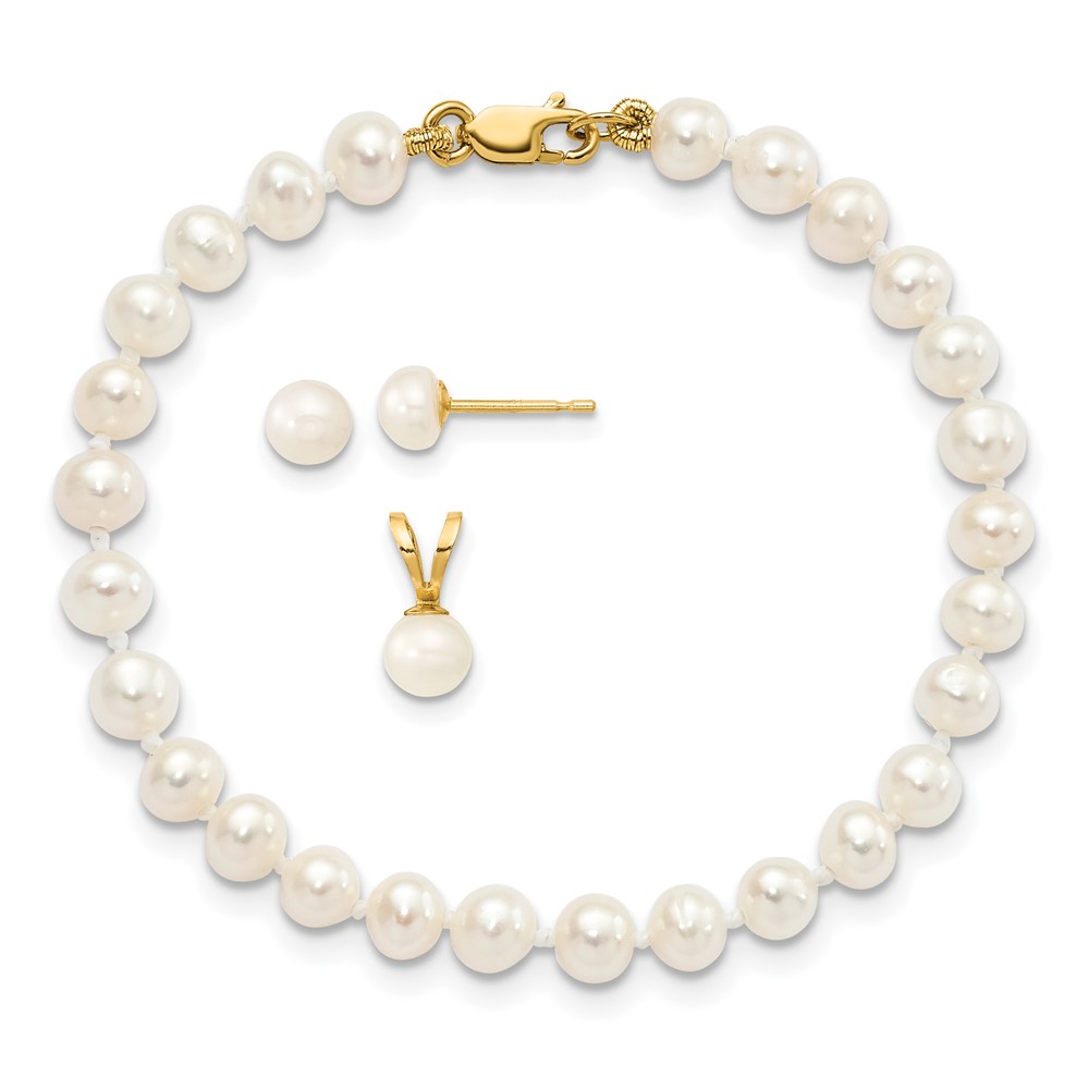 14k 4-5mm White FW Cultured Pearl Pendant, 5in Bracelet & Earring Set