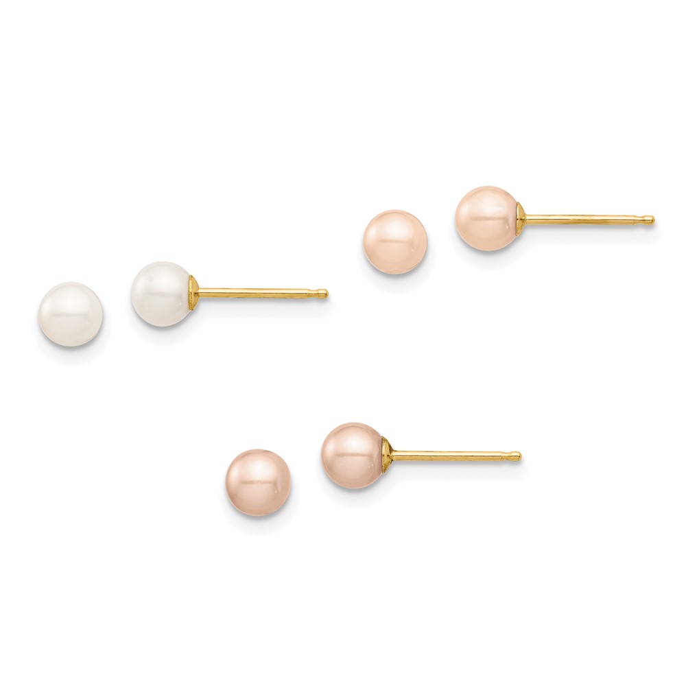 14K Madi K 4-5mm White/Pink/Purple Round FWC Pearl Post Earrings Set