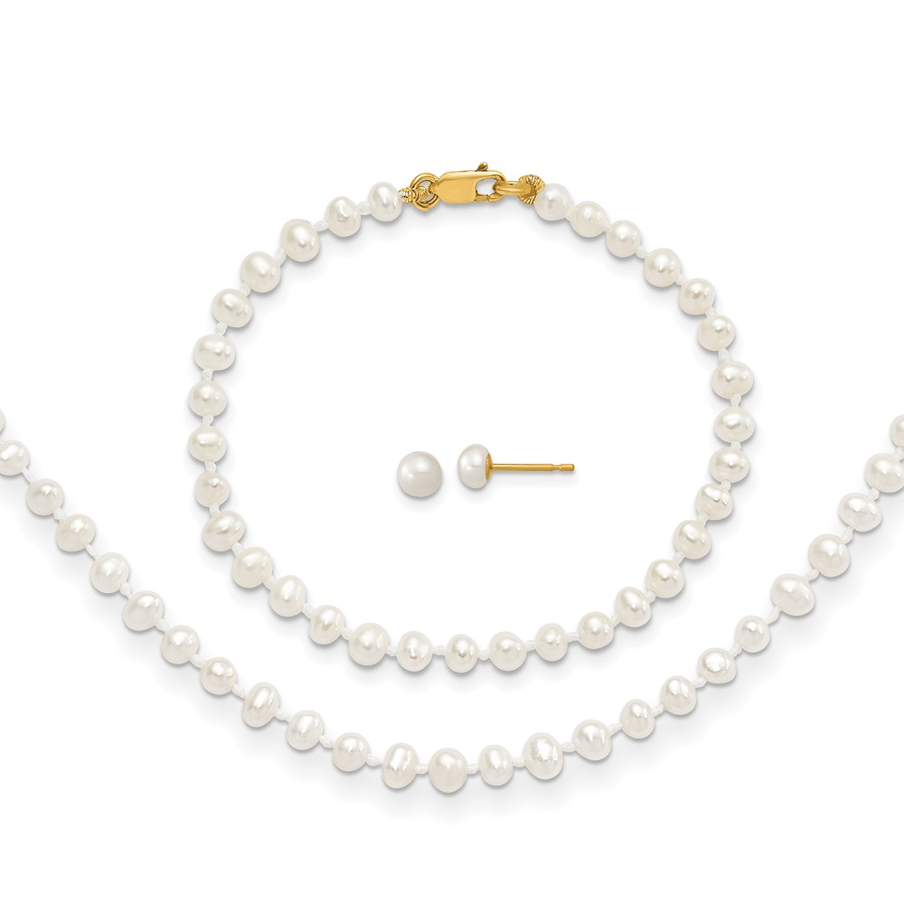 14k 3-4mm FW Cultured Pearl 14in Necklace, 5in. Bracelet & Earring Set