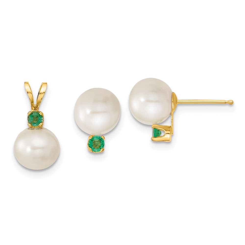 14k 7-8mm White FW Cultured Pearl & Emerald Stud Earrings & Pendant