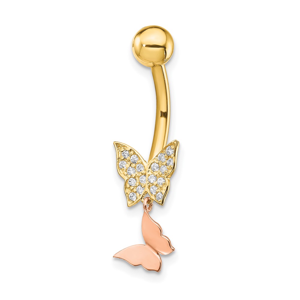14k Two-tone Double CZ Butterfly Dangle Belly Ring