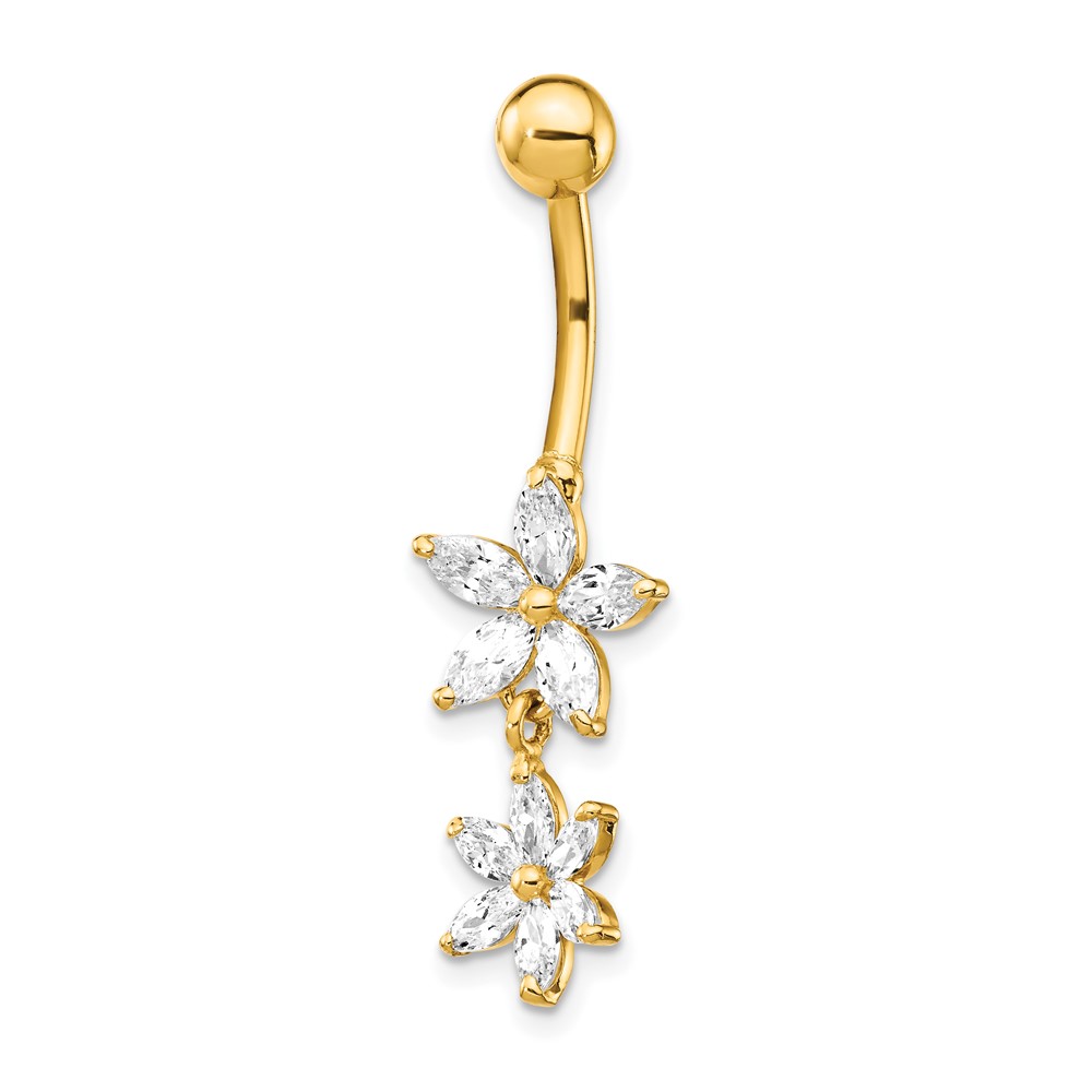 14k CZ 2-Flower Dangle Belly Ring