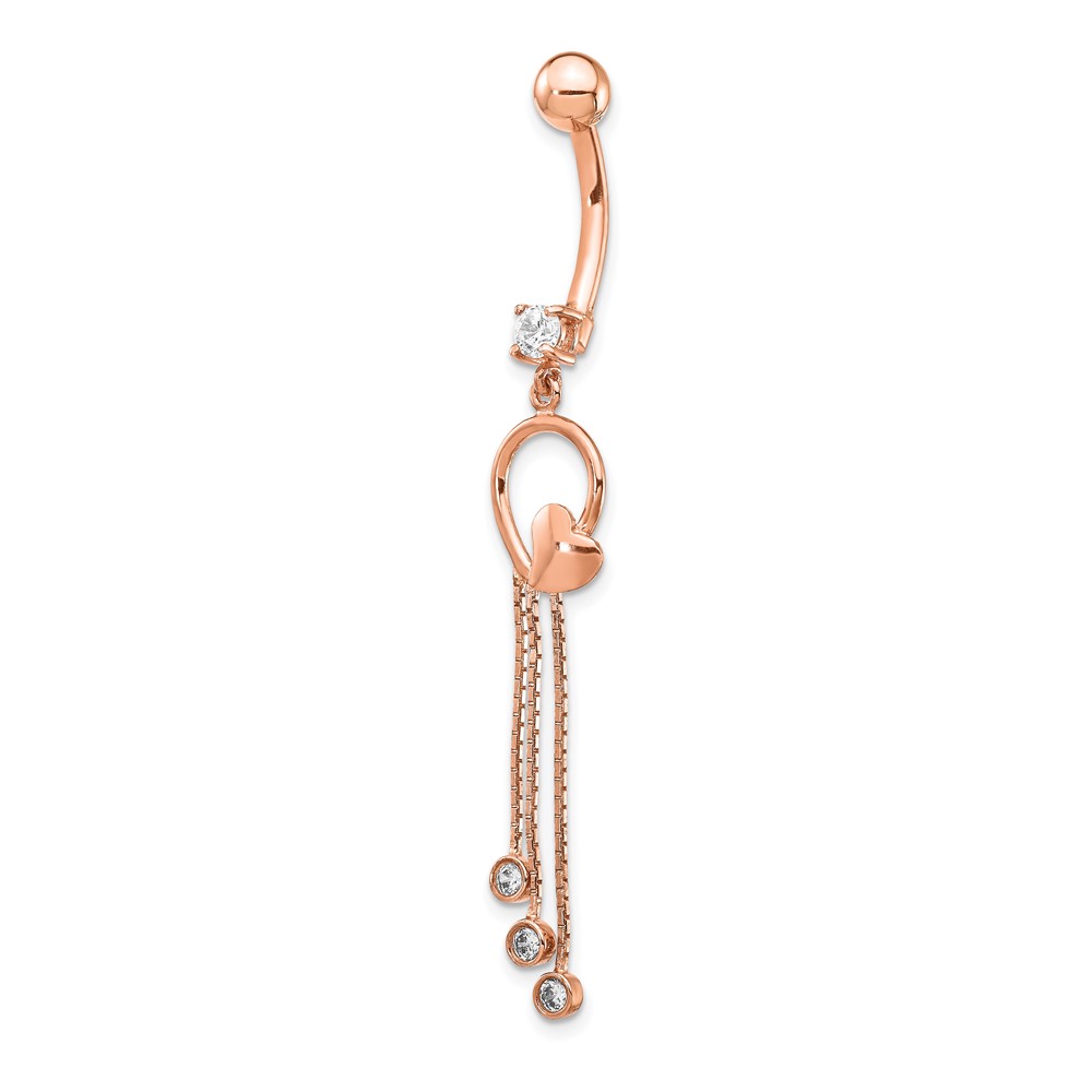 14k Rose Gold CZ Heart 3-Chain Dangle Belly Ring