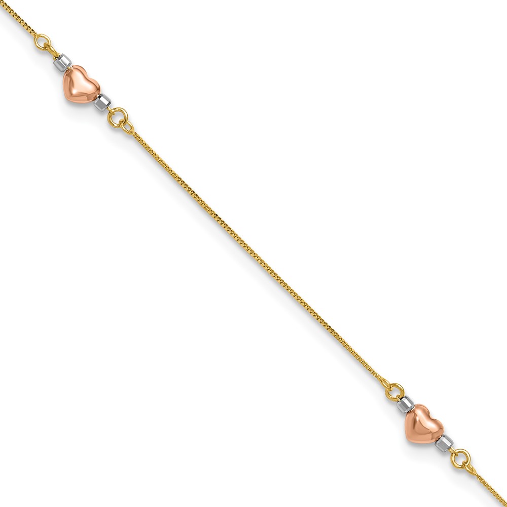 14k Tri-Color Puffed Heart 10in Plus 1in ext Anklet