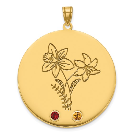 SS/Gold-Plated Circle with 2 Birth Flower and Birthstone Pendant