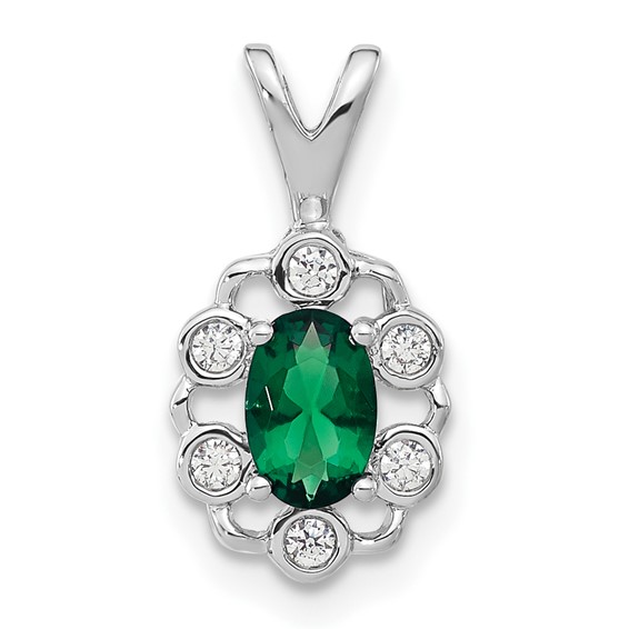 14K White Gold Lab Grown VS/SI FGH Dia and Created Emerald Pendant