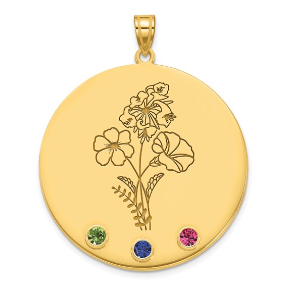 SS/Gold-Plated Circle with 3 Birth Flower and Birthstone Pendant