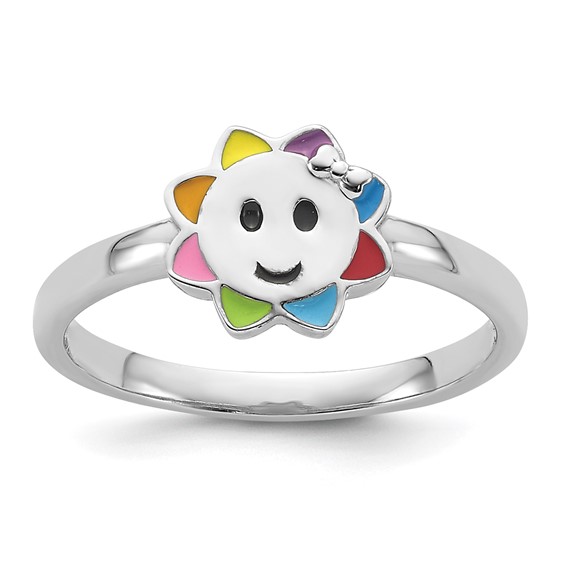 Sterling Silver RH-plated Multi-color Enameled Smiling Sun Children's Ring