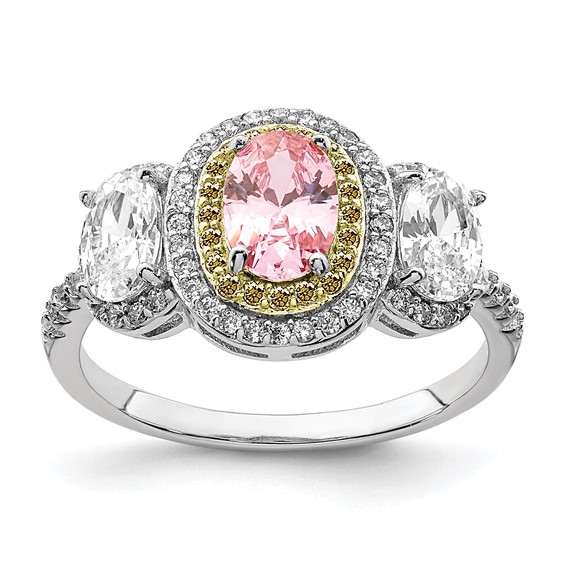 Sterling Silver Rhodium-plated Pink, White, and Yellow CZ Oval Cut Ring