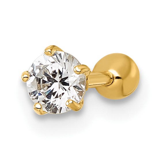 10k Polished 18 Gauge 4.0mm Round CZ Labret Stud