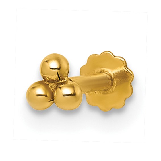14K Polished Triple Ball 16 Gauge Labret Stud