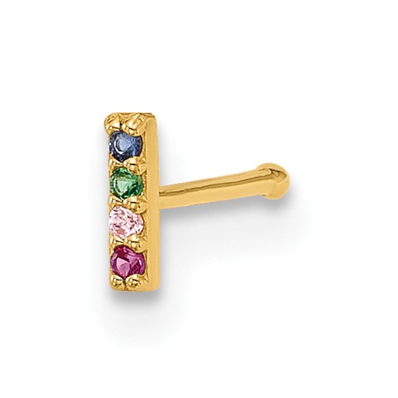 14k 22 Gauge Polished Multicolor CZ Bar Nose Stud