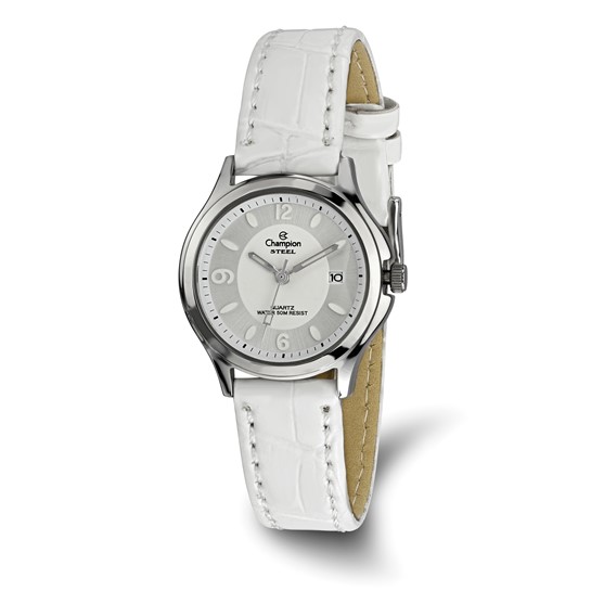 Champion Social Silver-tone White Leather Strap Watch