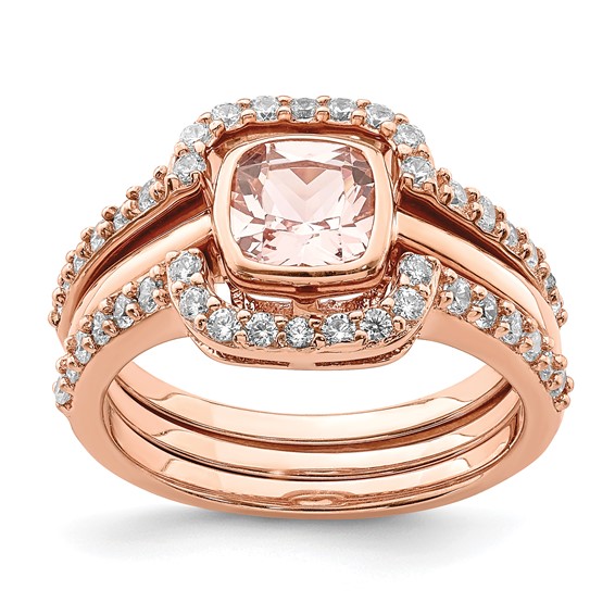 Sterling Silver 3 Piece Rose-tone Pink Crystal and CZ Ring Set
