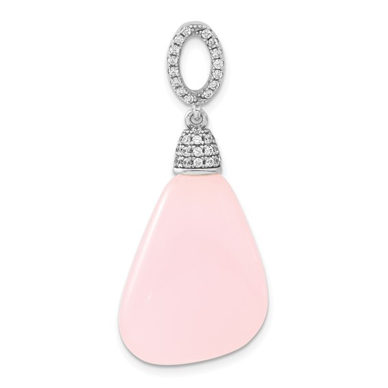 Sterling Silver Polished CZ and Pink Glass Dangle Pendant