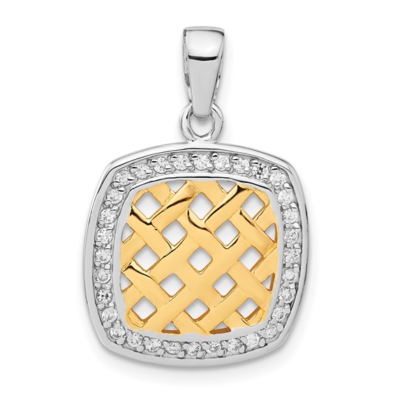 Sterling Silver and Gold-plated CZ Woven Square Pendant