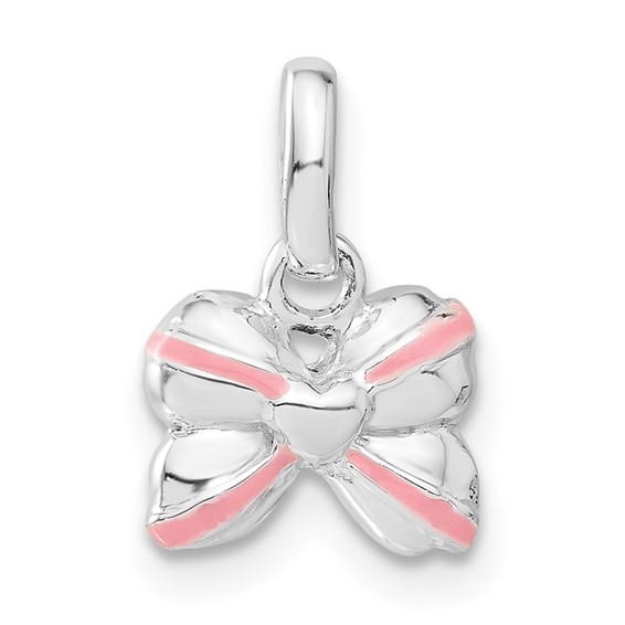 Sterling Silver Pink Enamel and CZ Kid's Bow Pendant