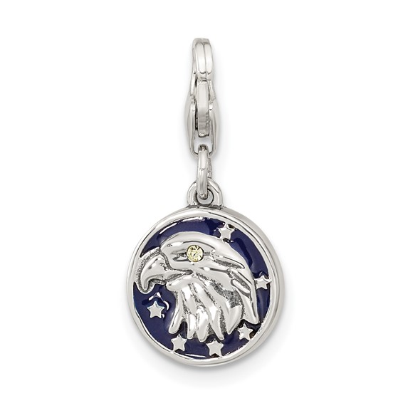 Amore La Vita Sterling Silver Rhodium-plated Polished Antiqued Enameled Crystal From Swarovski Reversible American Flag Eagle Charm with Fancy Lobster Clasp