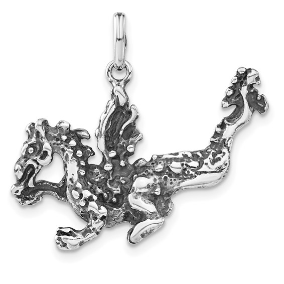 Sterling Silver 3-D Polished and Antiqued Dragon Pendant