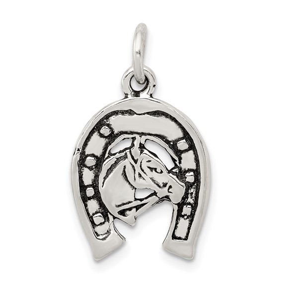 Sterling Silver Antiqued HorseShoe with Horse Head Charm
