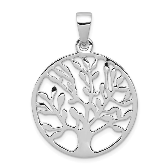 Sterling Silver Rhodium-plated Polished Circle with Tree Pendant