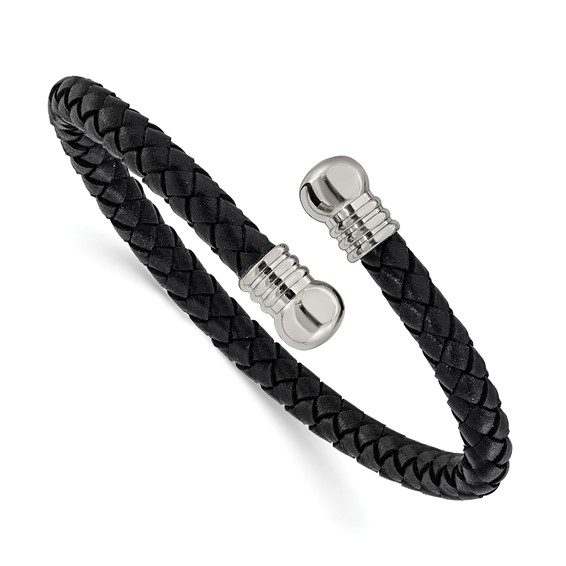 Chisel Stainless Steel Polished Black Leather Flexible Cuff Bangle