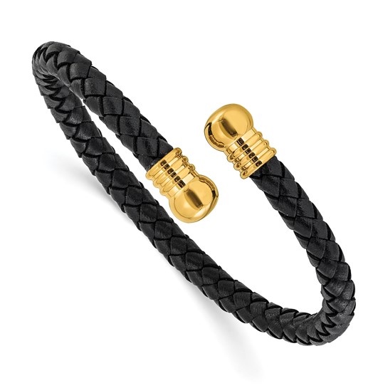 Chisel Stainless Steel Polished Yellow IP-plated Black Leather Flexible Cuff Bangle