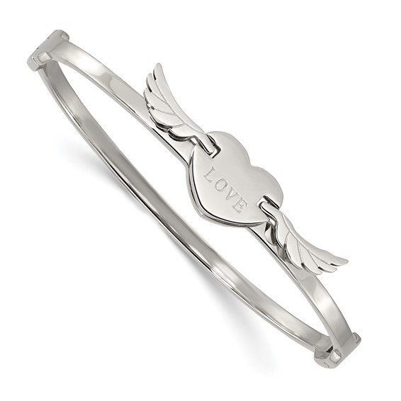 Stainless Steel Polished Moveable LOVE Heart with Wings Bangle