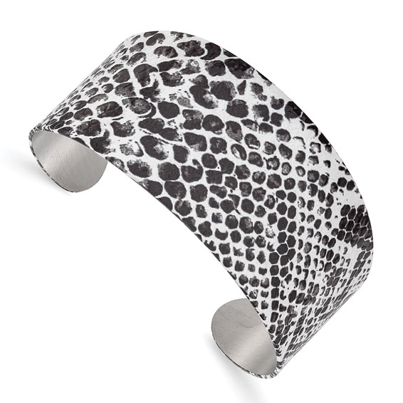 Stainless Steel Black and White Snake Skin Design Cuff Bangle