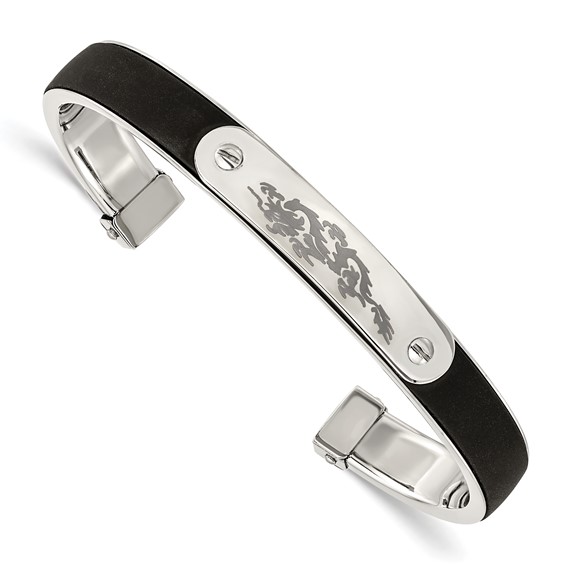 Stainless Steel Polished with Black Rubber Laser etched Dragon Bangle