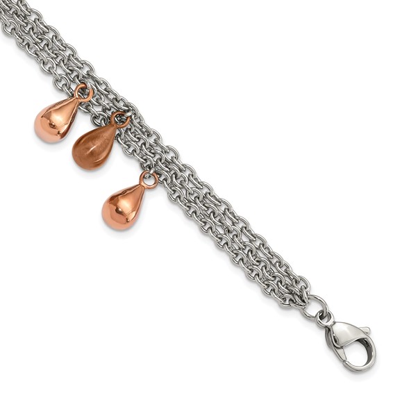 Stainless Steel Rose and Brown IP-plated Teardrops Multistrand Bracelet