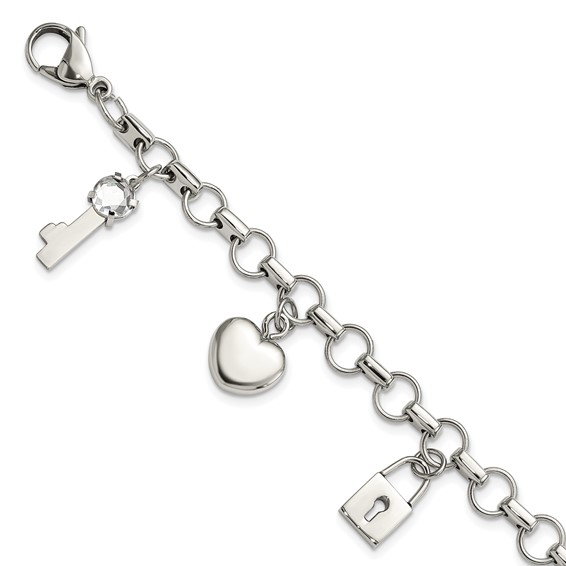 Stainless Steel Rose IP-plated Polished CZ Heart, Lock and Key with 1in ext Bracelet