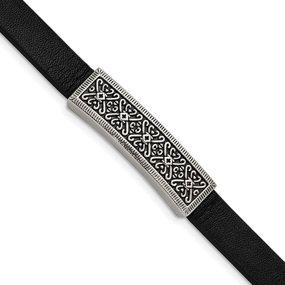 Stainless Steel Antiqued and Polished Black Leather with .5in ext 8in Bracelet