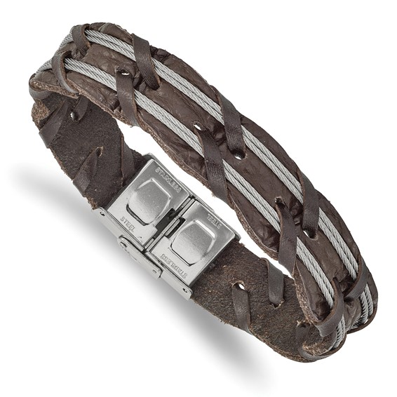 Chisel Stainless Steel Polished Cable and Brown Leather 8.5 inch Bracelet
