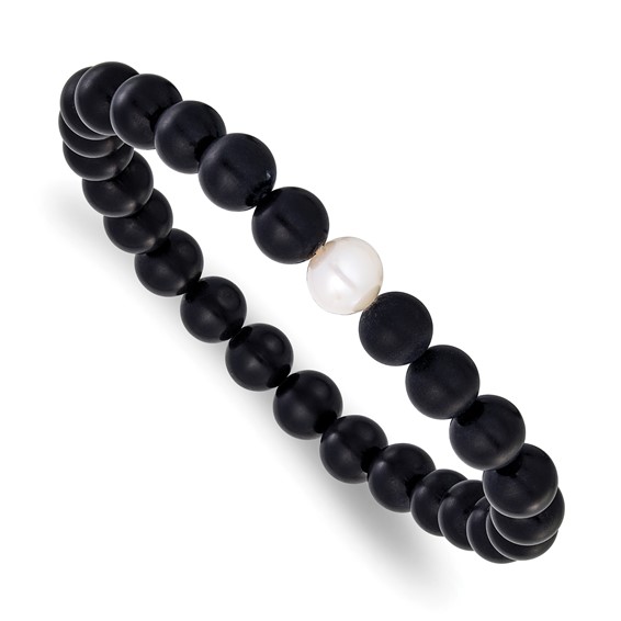 Chisel 8-9mm Black Agate and White Freshwater Cultured Pearl Beaded 7.25 inch Stretch Bracelet